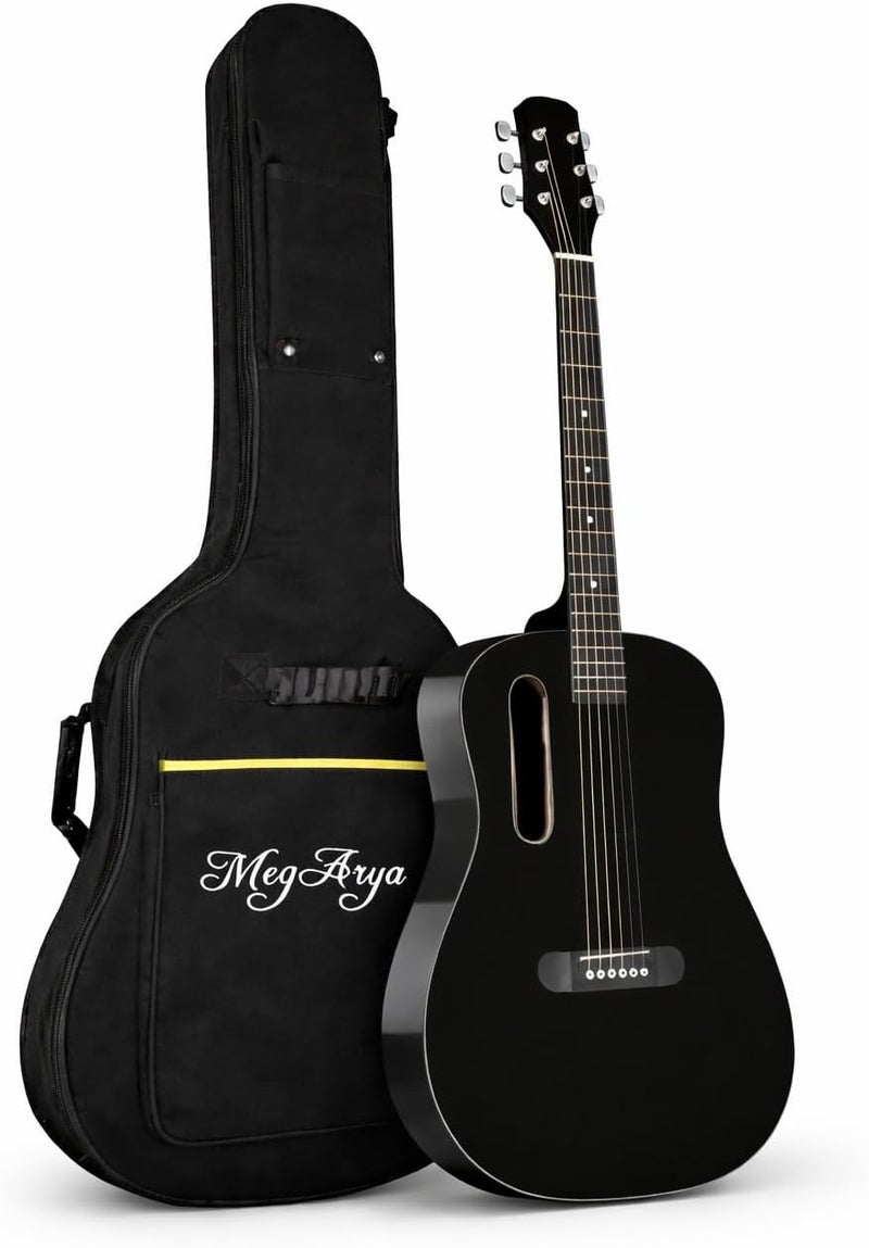 Megarya GS-X1 Signature Series Portable Guitar - Premium African Tonewood Travel Acoustic Guitar in Black with Bag - Image 1