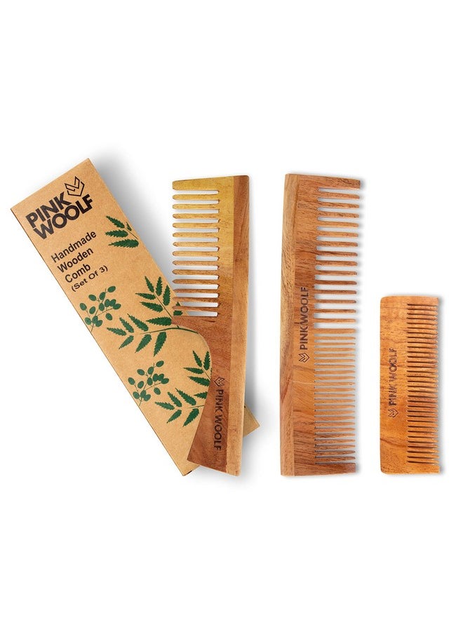 PINK WOOLF Handmade Neem Wooden Comb Comb, Women & Men, Natural And Eco-Friendly, Anti-Bacterial Hair Styling Comb With Fine & Wide Teeth Comb, Three Comb Combo  - Image 1