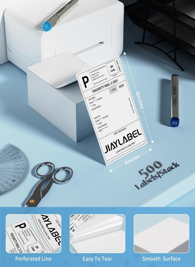 JIAYLABEL 4x6 Thermal Shipping Label Mailing Stickers Paper for Thermal Label Printer USPS UPS Address Fanfold Big Packing White Color 500 Labels/Stack,1 Stack - Image 2