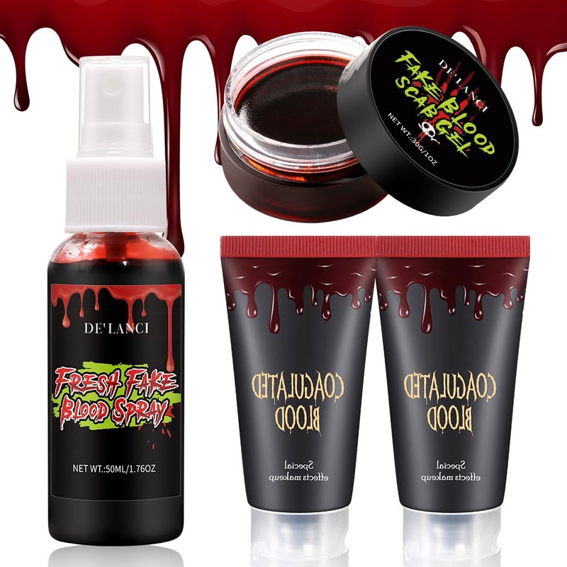 Halloween Fake Blood Makeup Kit Essentials4pcs SFX Washable Realistic Fake BloodScary Vampire Zombie Fake Blood Kit for ClothesNonToxicEasy to RemoveSpecial Effects Blood