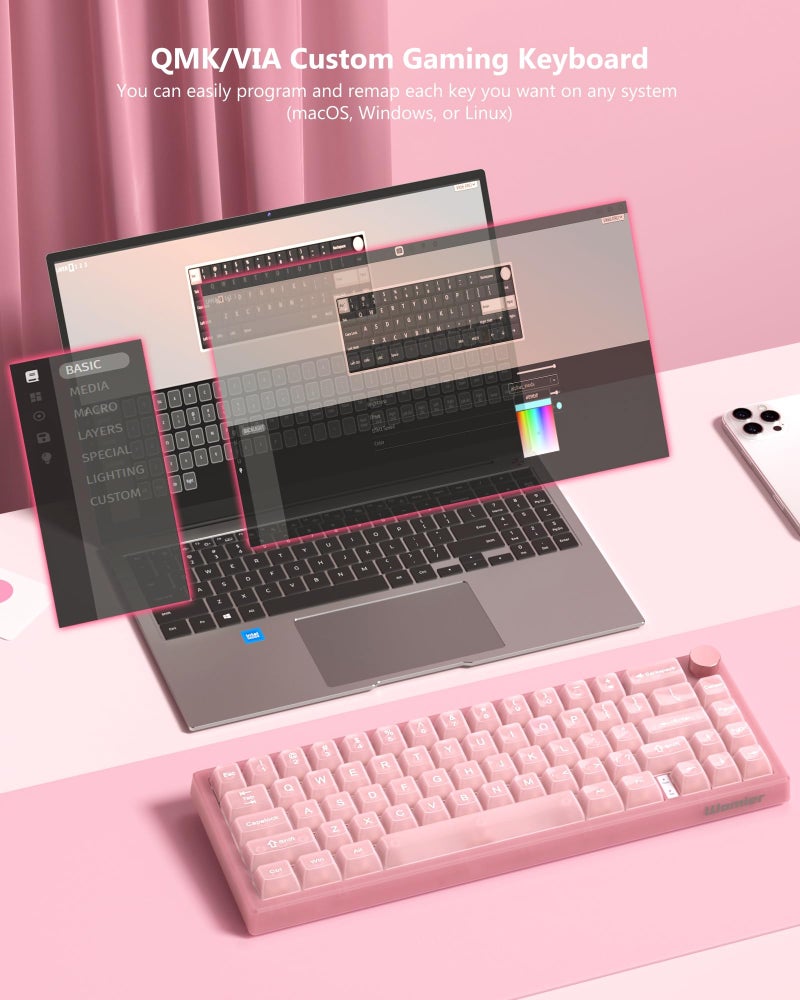 Womier 60% Keyboard QMK/VIA, Pink Gaming Mechanical Keyboard Creamy, Hot Swappable Gasket Mount RGB Wired Jade Key Board & Jelly Translucent Keycaps(VK66 PRO- Jelly) - Image 2