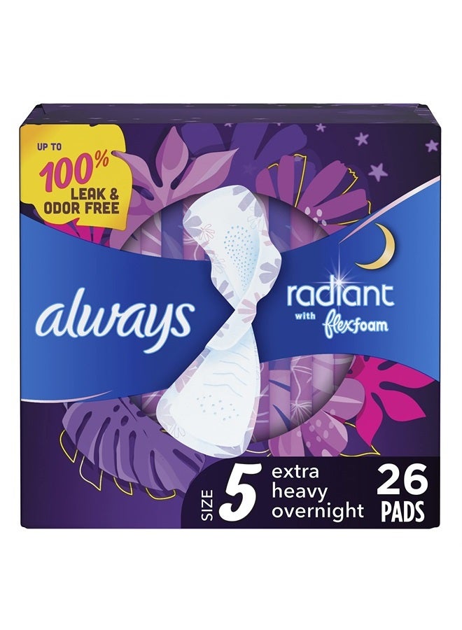 Always Radiant Feminine Pads for Women, Size 5 Extra Heavy Overnight Pads, with Flexfoam, with Wings, Light Clean Scent, 26 count (Pack of 1) - Image 1