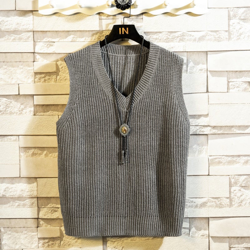Mens Vest V-Neck Sleeveless Knit Sweater Grey 