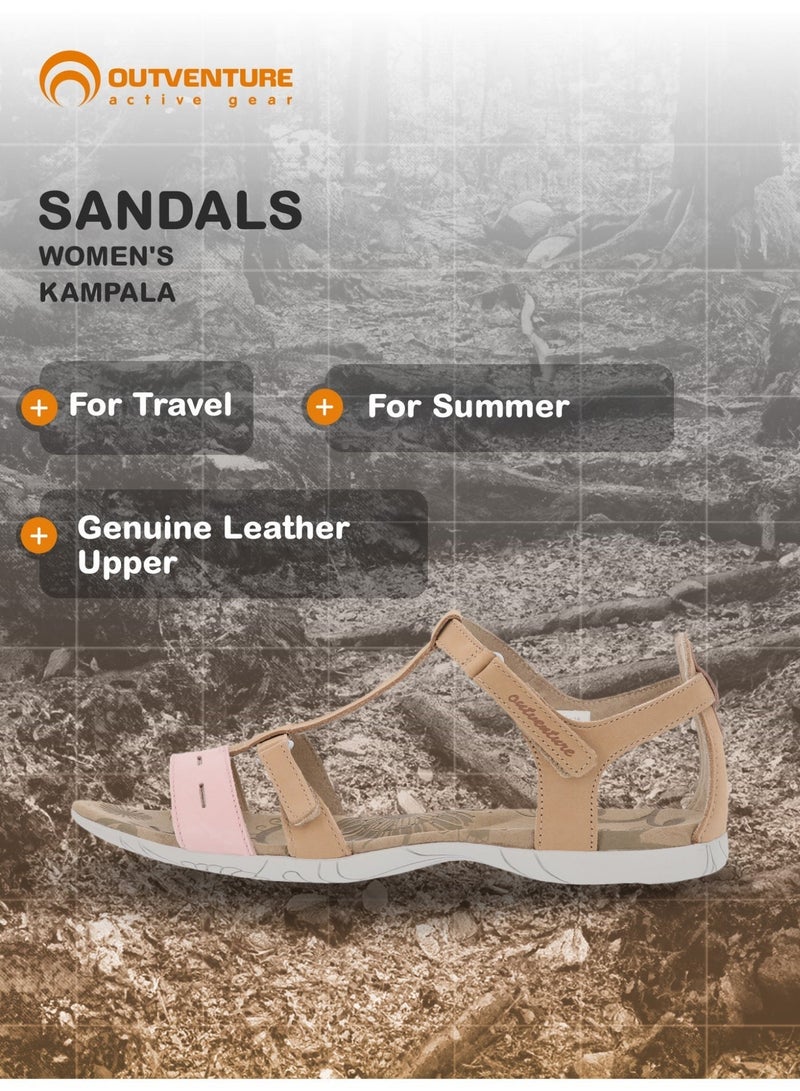 Outventure Women's Sandals – Beige Genuine Leather Sandals with Microfiber Footbed and Adjustable Velcro Strap - Image 2