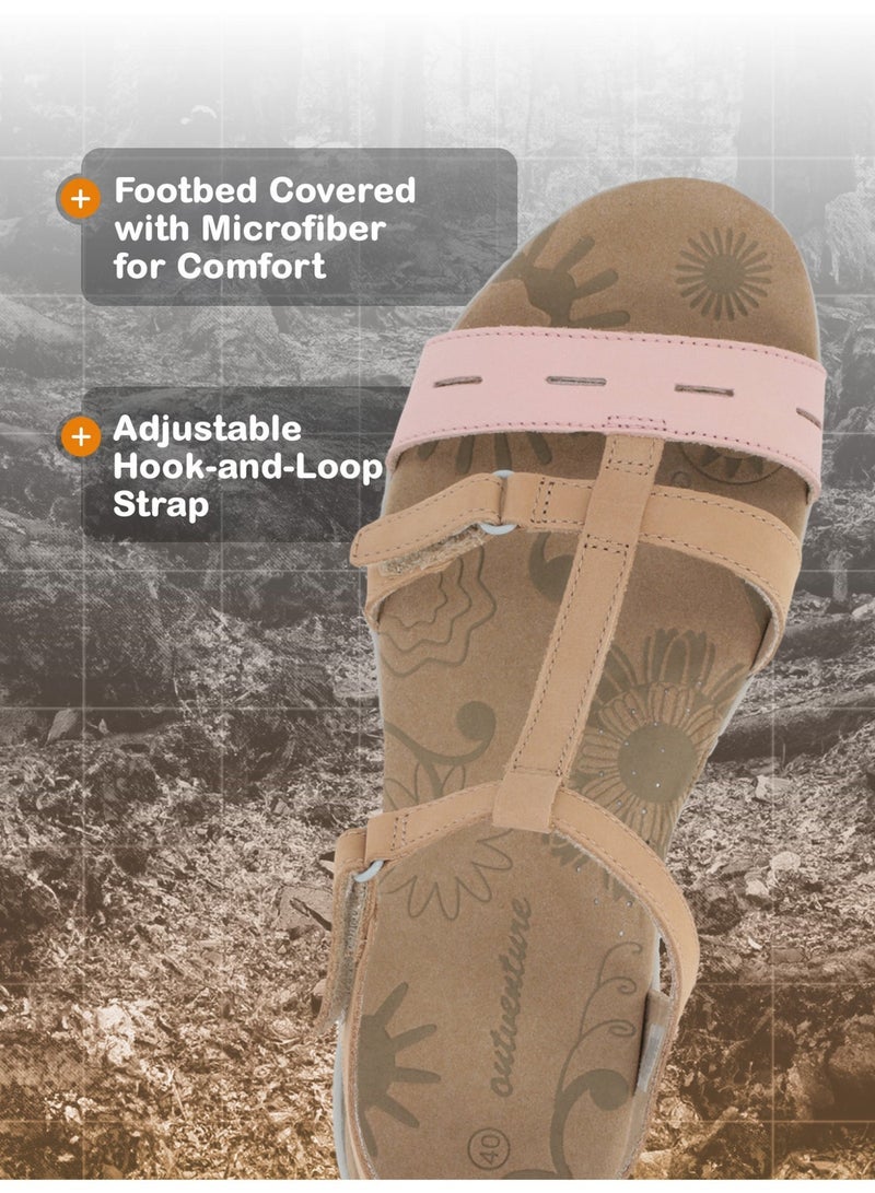 Outventure Women's Sandals – Beige Genuine Leather Sandals with Microfiber Footbed and Adjustable Velcro Strap - Image 3