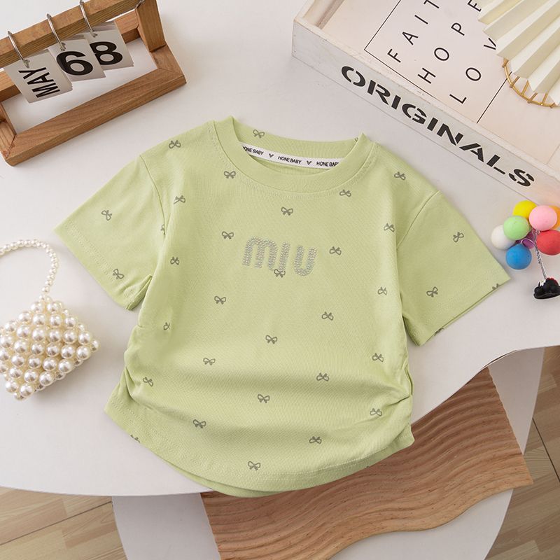 Girls' Summer Short-Sleeved T-Shirt Baby'S Western Style Children'S Personality Trendy Korean Style Bow Rhinestone Ice Silk Half-Sleeved Top - Image 1