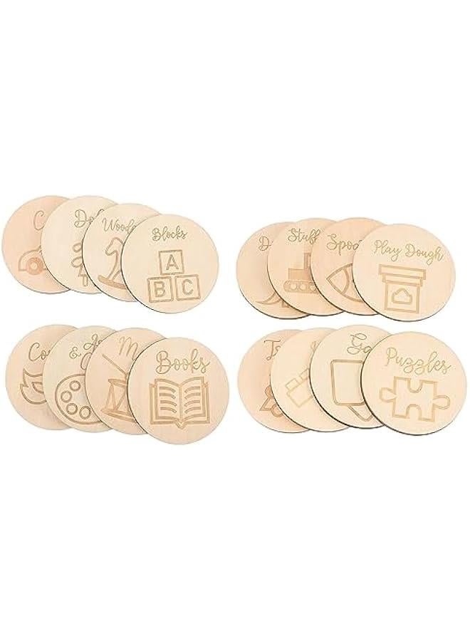 Arabest Wooden Toy Storage Labels - 16pcs Kids Tags Circle Ornament Organizer Dividing Markers for Home Playroom Bedroom Decor  - Image 1