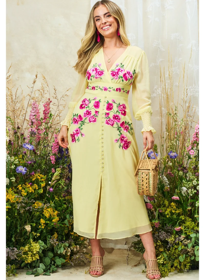 Hope & Ivy Embroidered Long Sleeve Button Front Midi Dress