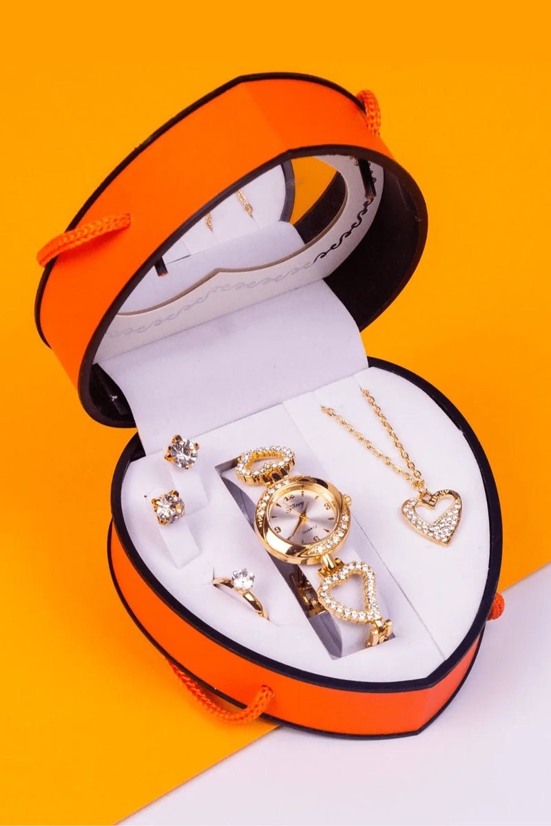 Luxury Women’s Accessory Set with Elegant Gift Box A set of 4 pieces including a women's watch, necklace, earrings, and a ring in shiny gold color, adorned with sparkling rhinestones. Rust-resistant and perfect for gifting on graduations, birthdays, anniversaries, Mother's Day, or any special occasion. - Image 1