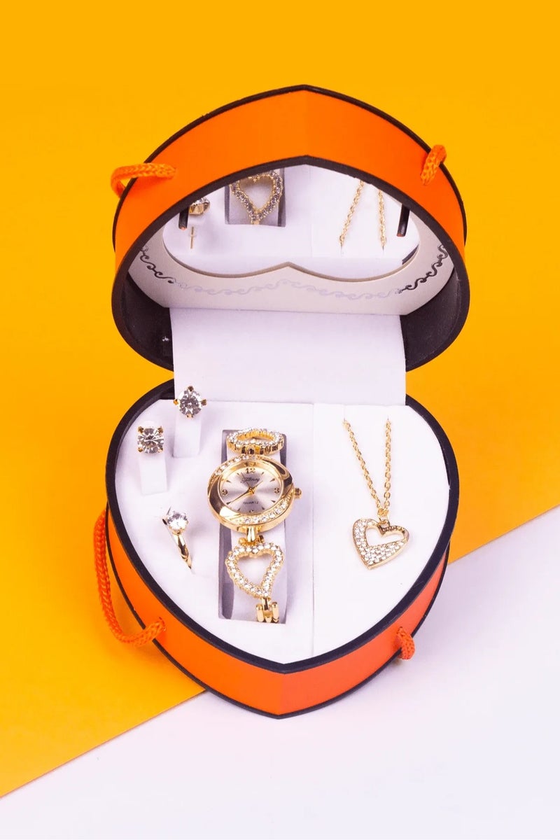 Luxury Women’s Accessory Set with Elegant Gift Box A set of 4 pieces including a women's watch, necklace, earrings, and a ring in shiny gold color, adorned with sparkling rhinestones. Rust-resistant and perfect for gifting on graduations, birthdays, anniversaries, Mother's Day, or any special occasion. - Image 3