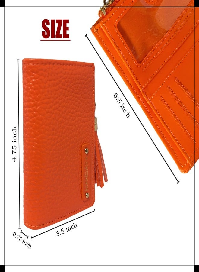 MANDAVA Women's Small Bifold PU Leather Wallet with Tussle | Ladies Slim Compact Card Holder Organizer Coin Purse (Orange) - Image 4
