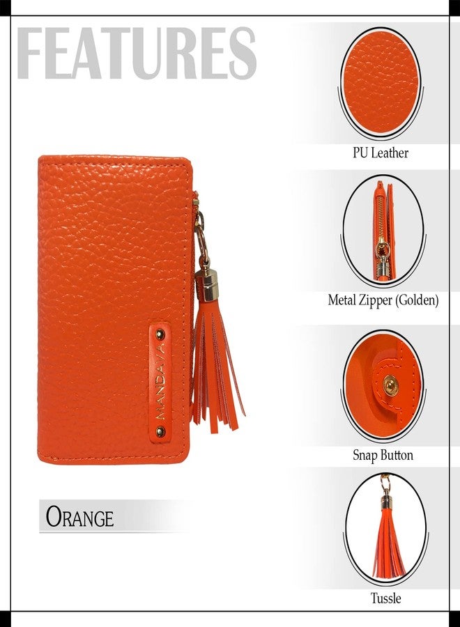 MANDAVA Women's Small Bifold PU Leather Wallet with Tussle | Ladies Slim Compact Card Holder Organizer Coin Purse (Orange) - Image 3