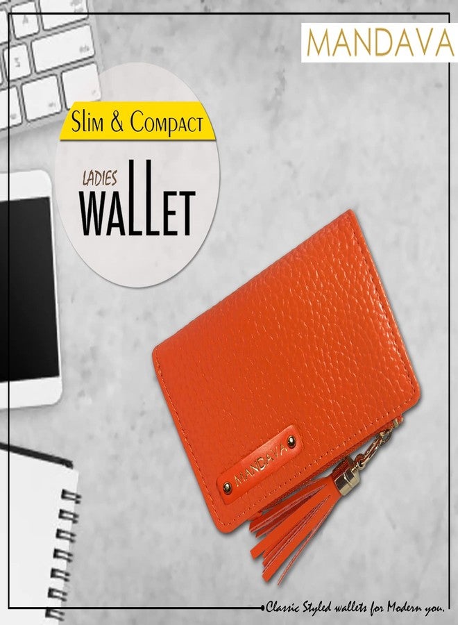 MANDAVA Women's Small Bifold PU Leather Wallet with Tussle | Ladies Slim Compact Card Holder Organizer Coin Purse (Orange) - Image 5