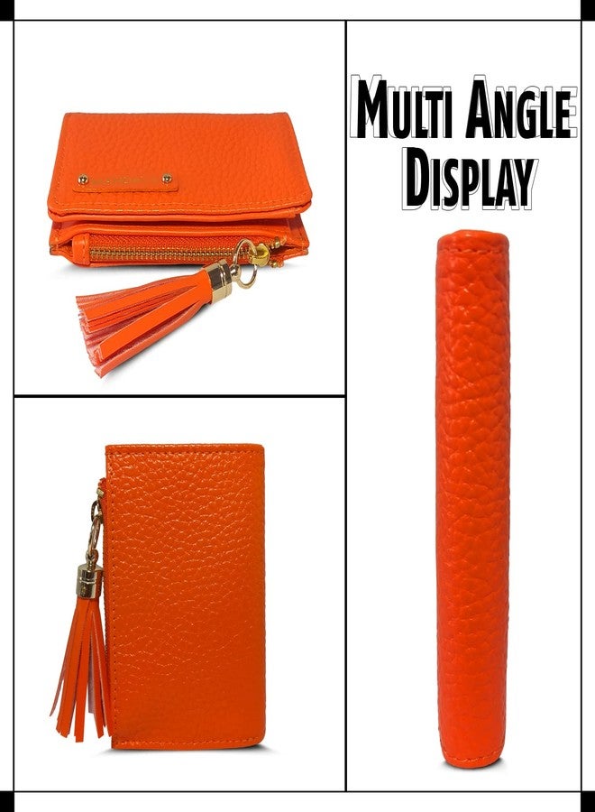 MANDAVA Women's Small Bifold PU Leather Wallet with Tussle | Ladies Slim Compact Card Holder Organizer Coin Purse (Orange) - Image 2