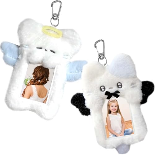 Roioiow 2 Pieces Cartoon Photocard Holder - Plush Rabbit and Cat Photo Card Display Protective Sleeves, Transparent Cover Case for Bus Card, Student Card, ID - Image 1
