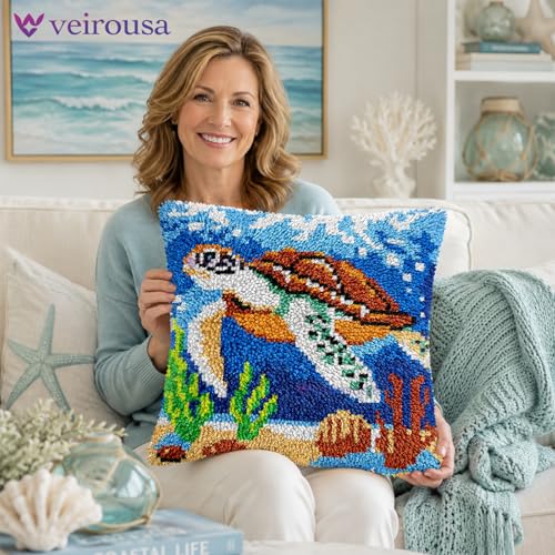 veirousa Traveling Sea Turtle Latch Hook Kits for Adults Beginners Ocean Latch Hook Pillow Kit PrePrinted Latch Hook Rug Kits CrossStitch Embroidery Cushion for Home Sofa Decoration 17x17 in - Image 3
