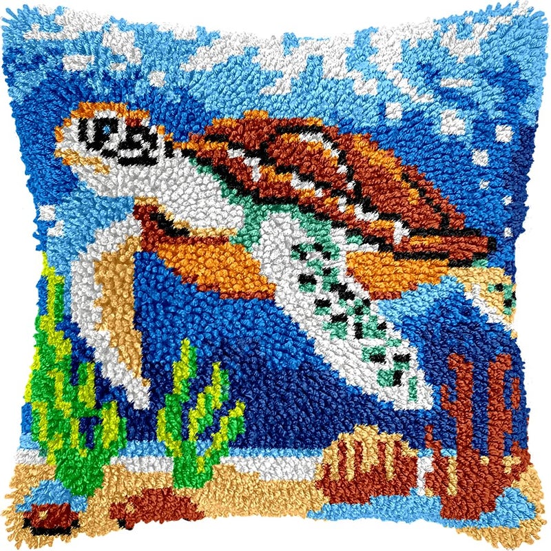 veirousa Traveling Sea Turtle Latch Hook Kits for Adults Beginners Ocean Latch Hook Pillow Kit PrePrinted Latch Hook Rug Kits CrossStitch Embroidery Cushion for Home Sofa Decoration 17x17 in - Image 2