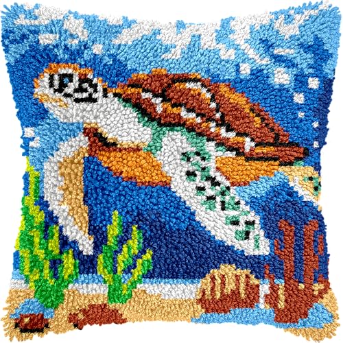 veirousa Traveling Sea Turtle Latch Hook Kits for Adults Beginners Ocean Latch Hook Pillow Kit PrePrinted Latch Hook Rug Kits CrossStitch Embroidery Cushion for Home Sofa Decoration 17x17 in - Image 1