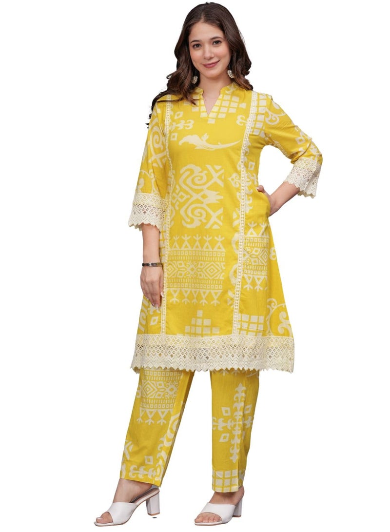 rytras Women's Pure Cotton Printed Straight Kurta Set with Palazzo Pants - Ethnic Wear, Yellow(RYT597-New,XL) - Image 1