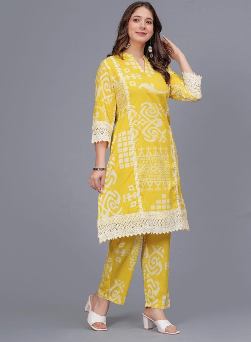 rytras Women's Pure Cotton Printed Straight Kurta Set with Palazzo Pants - Ethnic Wear, Yellow(RYT597-New,XL) - Image 3