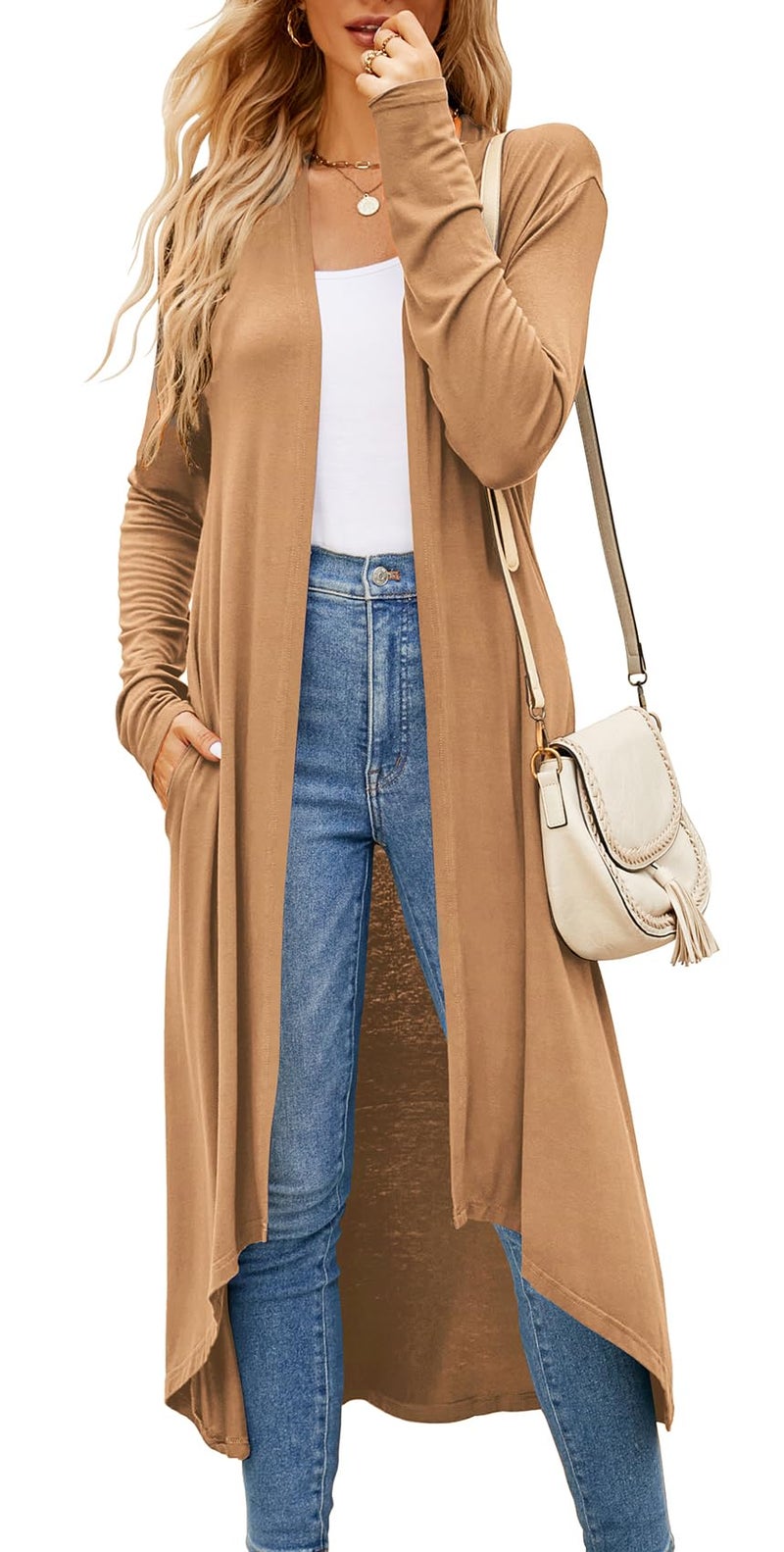 Newchoice Tall Womens Cardigan Sweaters Long Sleeve Summer Trendy Long Cardigan with Pockets (Camel,M) - Image 1