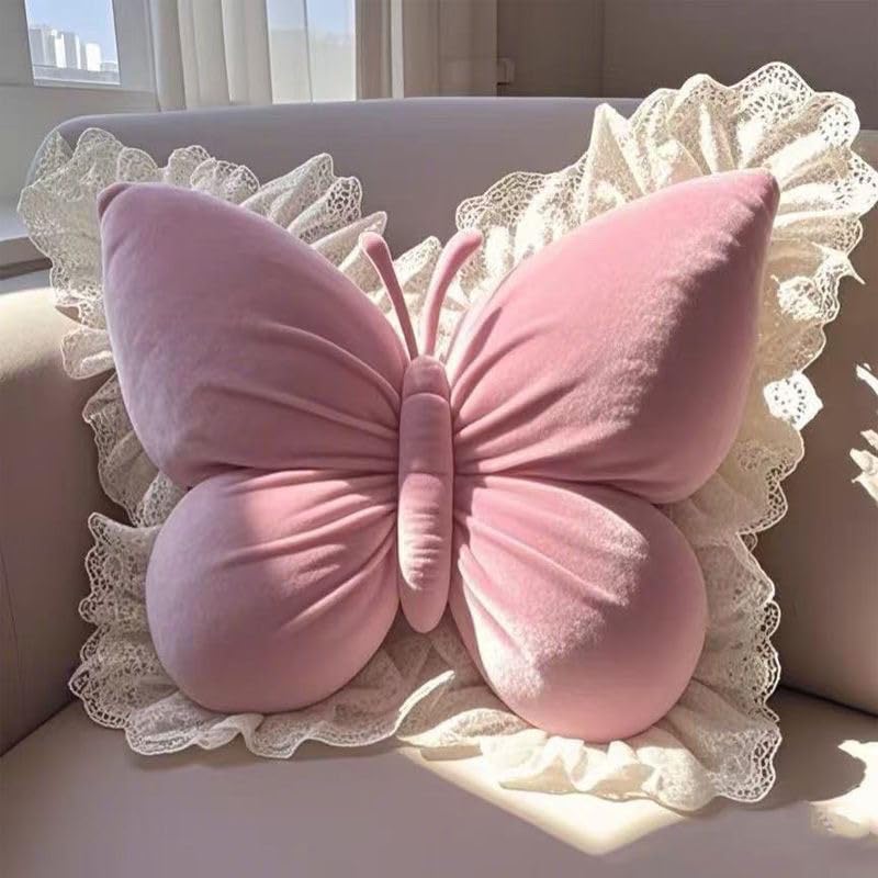 PEACH CAT Butterfly Pillow with Lace Trim Decorative Butterfly Shaped Throw Pillows 16" x 16" Soft Plush Cushion Decor for Bedroom Living Room Sofa Couch Pink - Image 1