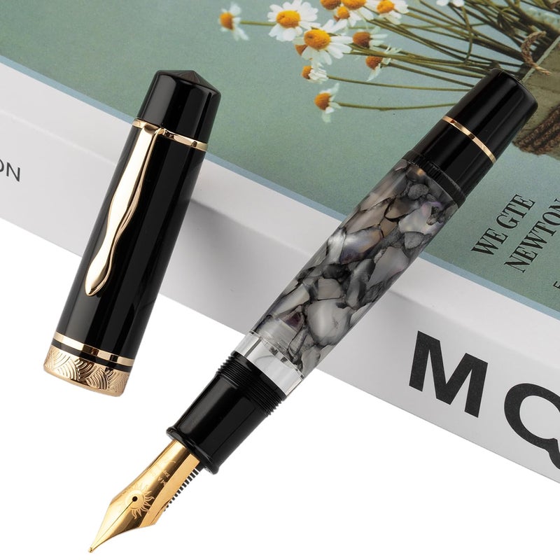 erofa Majohn P139 Piston Fountain Pen No8 Medium Nib with Box Gray Marble Acrylic Large Capacity Writing Pen - Image 2