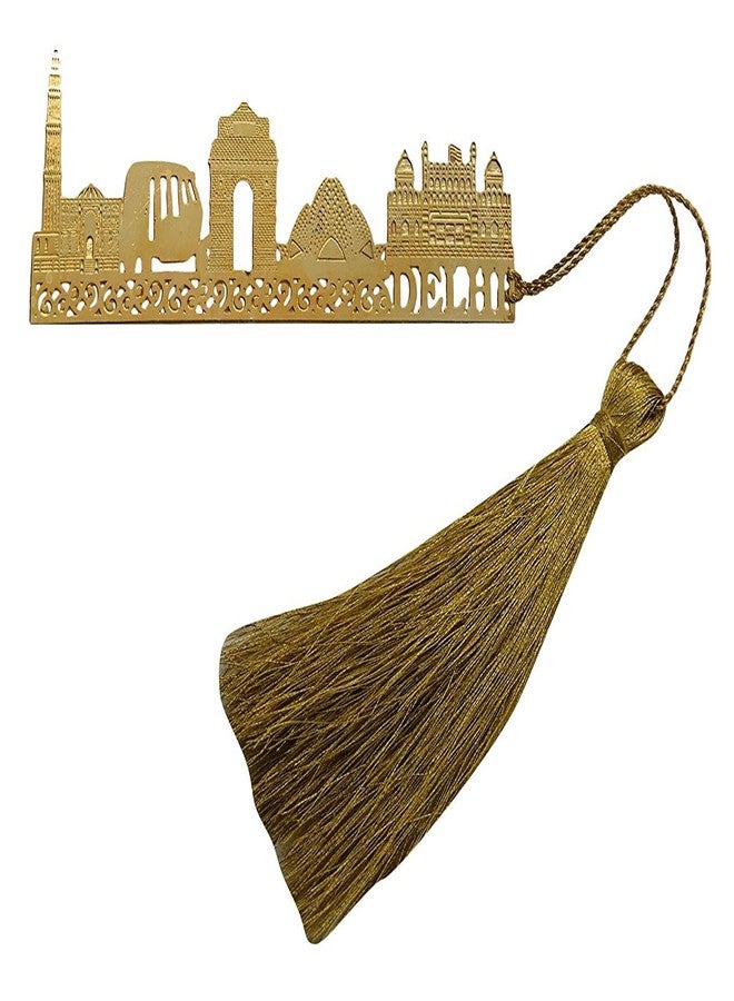 سكاي ووكر فاصل كتب معدني من Art & Craft Delhi مزين بشرابة، وقلادة، وحامل صفحات للوازم المدرسية - لون ذهبي - Image 1