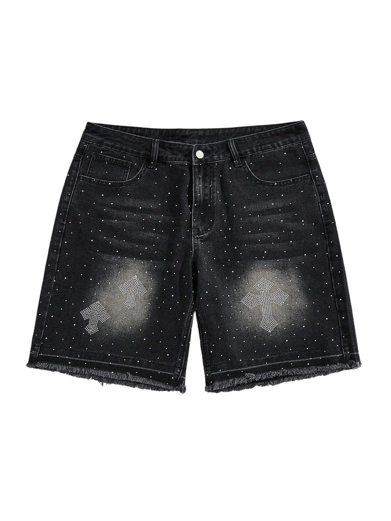WDIRARA Men's Rhinestone Denim Shorts Frayed Raw Hem Straight Leg Jean Shorts Streetwear Black 34 - Image 1