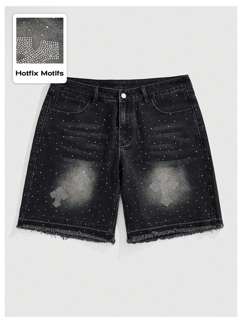 WDIRARA Men's Rhinestone Denim Shorts Frayed Raw Hem Straight Leg Jean Shorts Streetwear Black 34 - Image 5