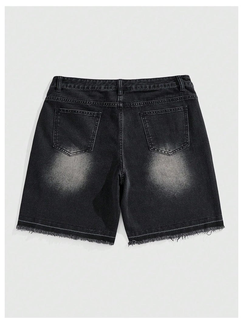 WDIRARA Men's Rhinestone Denim Shorts Frayed Raw Hem Straight Leg Jean Shorts Streetwear Black 34 - Image 2