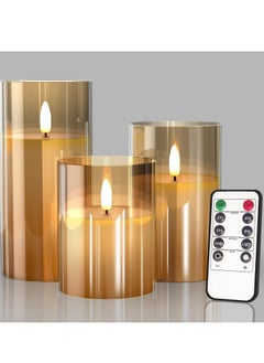 JAJEEK LED Glass Pillar Candles Flameless – Real Wax with Flickering Wick, Battery Operated, Remote Control & Timer for Home Decor, Weddings, Festivals (Pack of 3), Gold  - Image 1