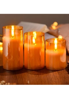 JAJEEK LED Glass Pillar Candles Flameless – Real Wax with Flickering Wick, Battery Operated, Remote Control & Timer for Home Decor, Weddings, Festivals (Pack of 3), Gold  - Image 4
