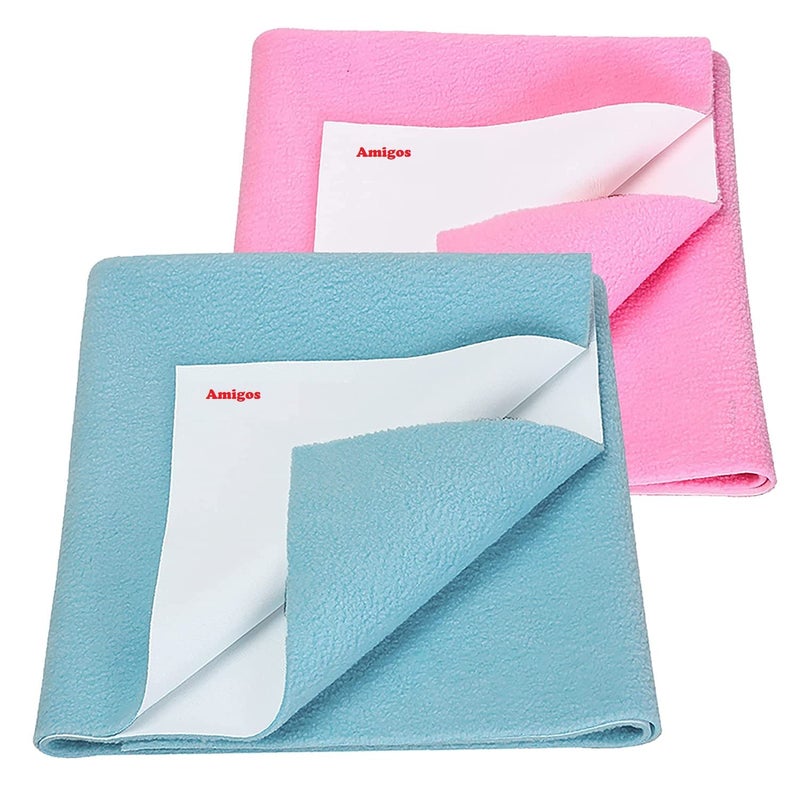 Amigos 2 Pieces Waterproof Baby Bed Protector Dry Sheets for New Born Babies Reusable Mats Cot Bassinet Large140x100cm Sky Blue Baby Pink - Image 1