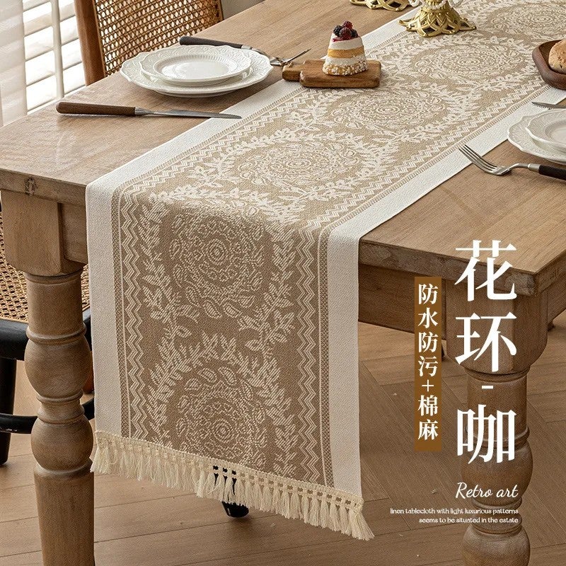Y&D New Scandinavian Modern Waterproof Jacquard Table Runner with Tassel – Luxury Dining Table Decor, Striped Pattern, Machine Washable - Image 1