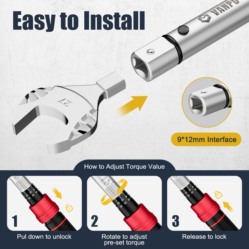VANPO HVAC Torque Wrench 10â€“80 Ft-lb, 9Ã—12mm, Adjustable Click Torque Wrench with Open End Heads (17â€“32mm), Â±3% Accuracy for Mini Split AC & Refrigeration Flare Nut Installation - Image 2