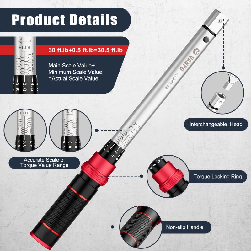 VANPO HVAC Torque Wrench 10â€“80 Ft-lb, 9Ã—12mm, Adjustable Click Torque Wrench with Open End Heads (17â€“32mm), Â±3% Accuracy for Mini Split AC & Refrigeration Flare Nut Installation - Image 3