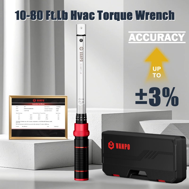 VANPO HVAC Torque Wrench 10â€“80 Ft-lb, 9Ã—12mm, Adjustable Click Torque Wrench with Open End Heads (17â€“32mm), Â±3% Accuracy for Mini Split AC & Refrigeration Flare Nut Installation - Image 5