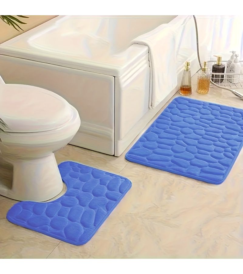 2pcs Set Of Luxury Memory Foam Bathroom Mats In Purplish Blue Thickened Cobblestone Texture Super Absorbent Floor Mat - Image 2