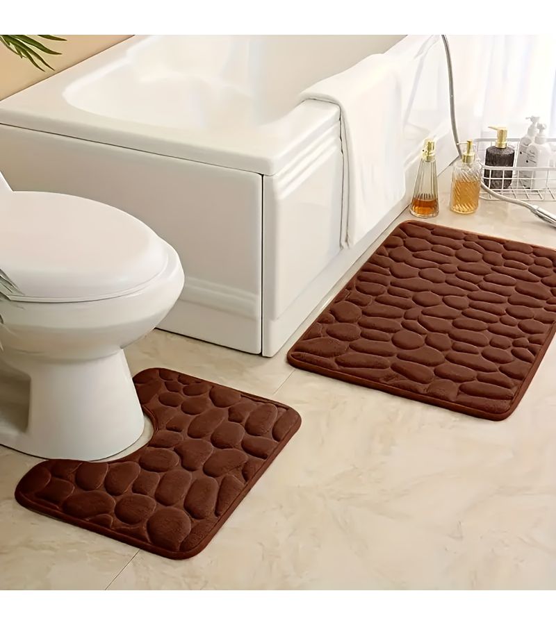 2pcs Set Of Luxury Memory Foam Bathroom Mats In Purplish Blue Thickened Cobblestone Texture Super Absorbent Floor Mat - Image 4