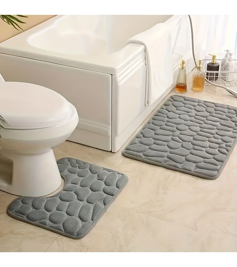 2pcs Set Of Luxury Memory Foam Bathroom Mats In Purplish Blue Thickened Cobblestone Texture Super Absorbent Floor Mat - Image 1