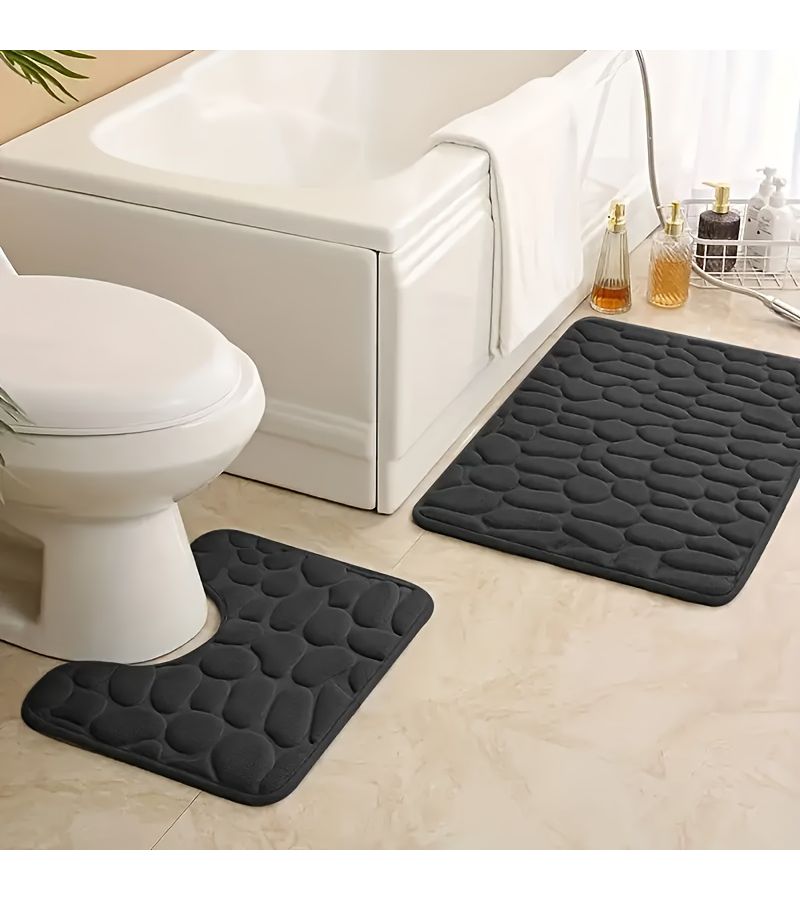2pcs Set Of Luxury Memory Foam Bathroom Mats In Purplish Blue Thickened Cobblestone Texture Super Absorbent Floor Mat - Image 5