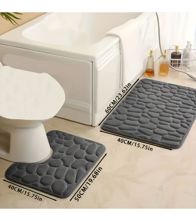 2pcs Set Of Luxury Memory Foam Bathroom Mats In Purplish Blue Thickened Cobblestone Texture Super Absorbent Floor Mat - Image 3