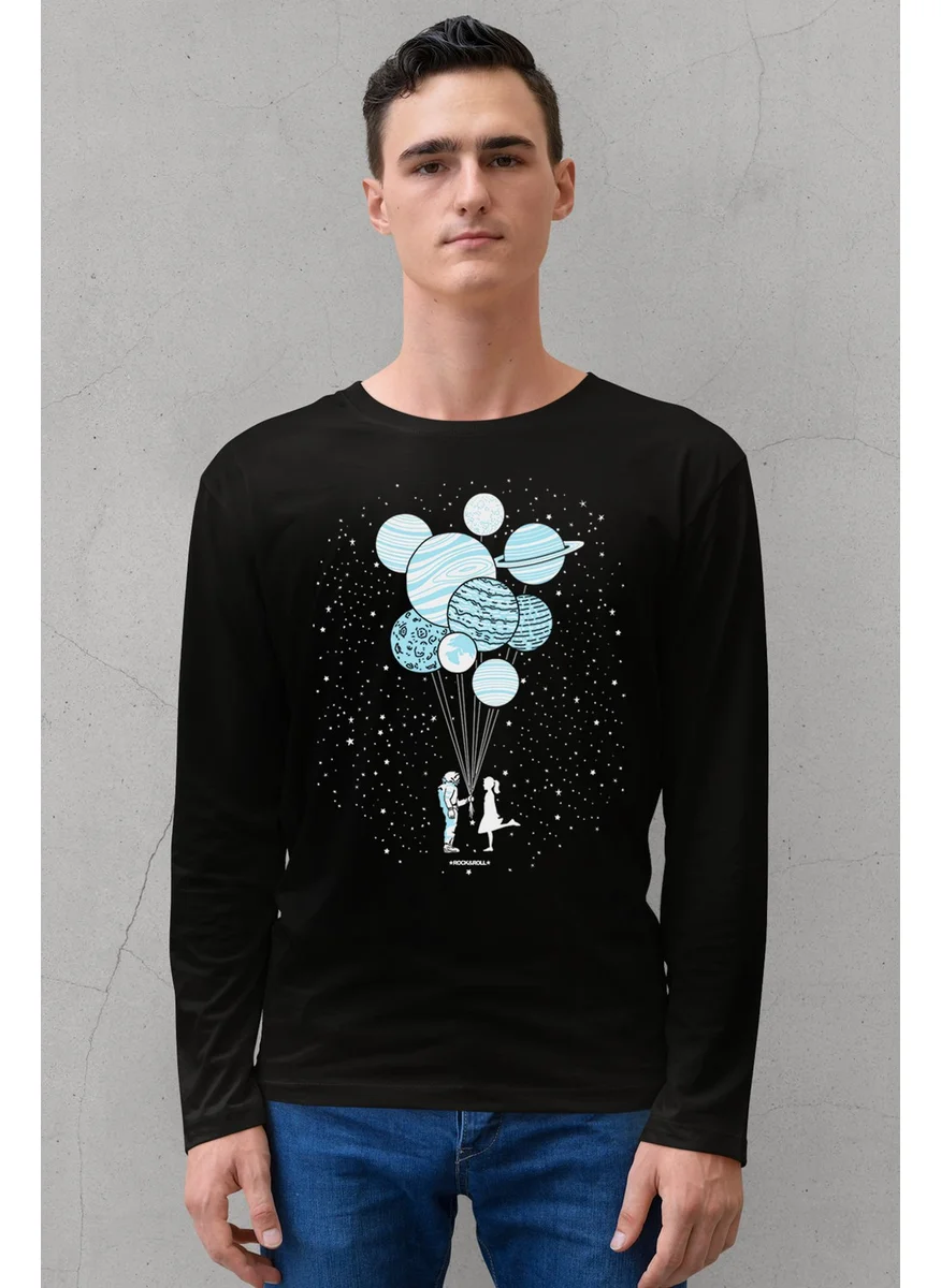 روك اند رول Balloon Planets Crew Neck Black Long Sleeve Combed Cotton Men's T-Shirt