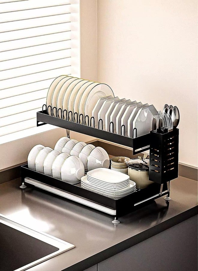 NYTRYD 2 Levels Support Dishes for Kitchen Counter, Sink Dishes Foldable Rack & Moveable Drip Tray with Cutlery Holder Anti-Rust Dish, Suitable for Family (NT-02)