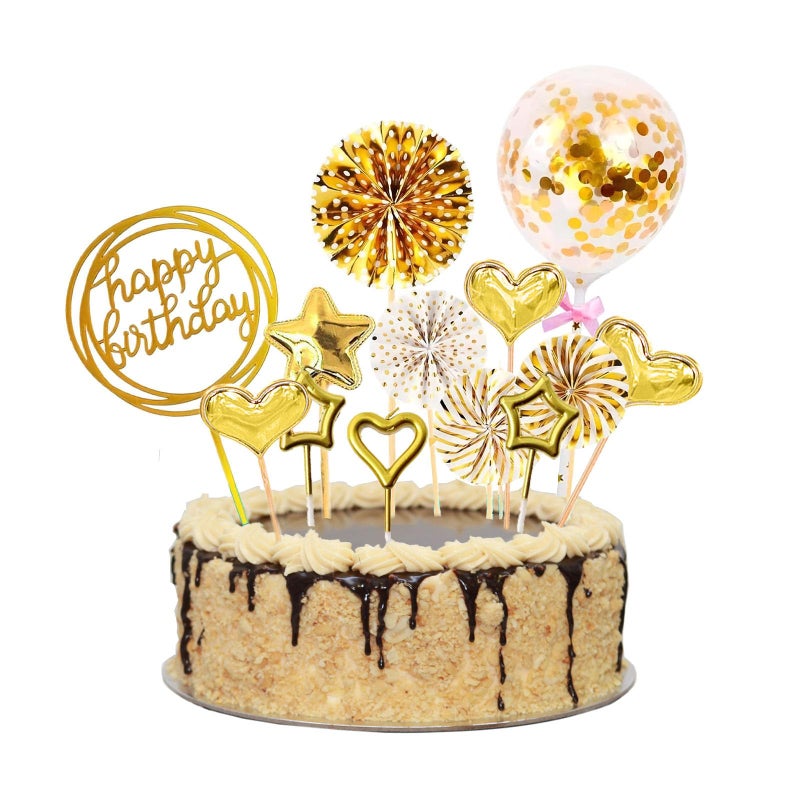 Hazyore Happy Birthday Cake Toppers  29pcs Gold Cake Topper Acrylic Cupcake Topper Happy Birthday Paper Fans Confetti Balloon Birthday Cake Supplies1 - Image 1