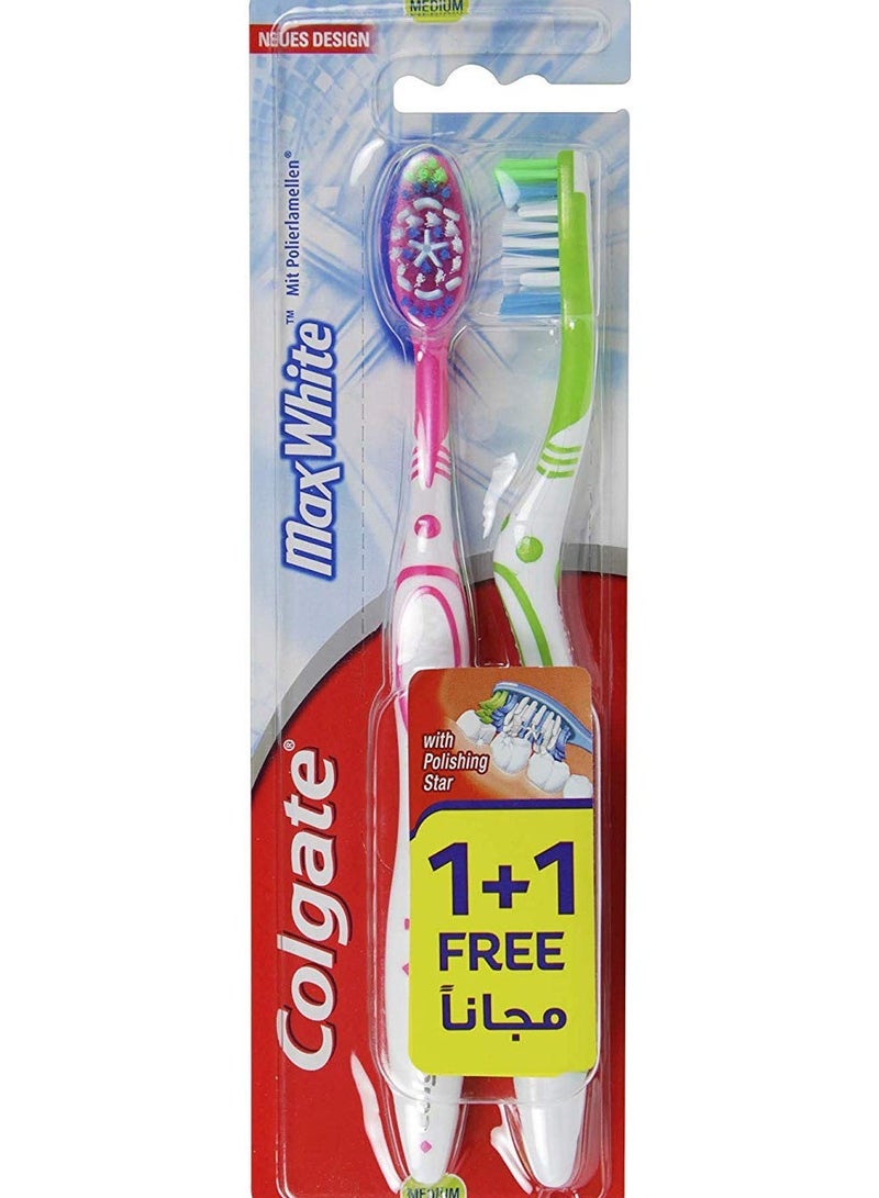 كولجيت ماكس فرشاة أسنان وايت متوسطة مع نجمة تلميع 1+1 مجانًا