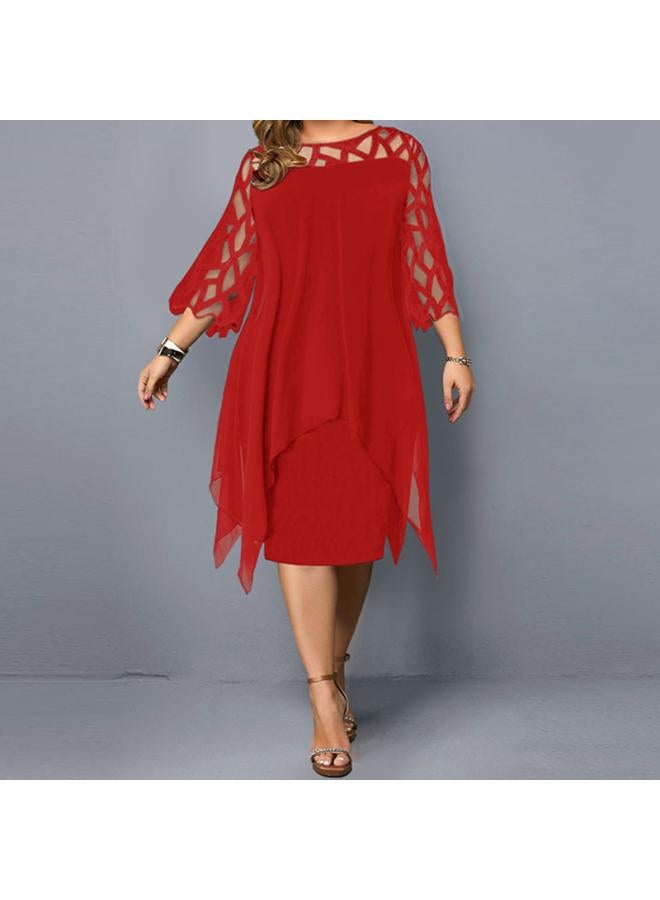 European And American Plus Size Women's Lace Stitching Irregular Skirt Seven-sleeve Chiffon Dress
