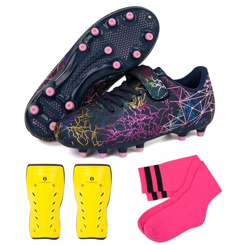 brooman Kids Firm Ground Soccer Cleats Girls Football Cleats with Shin Guards and Soccer Socks 8Navy Pink - Image 1