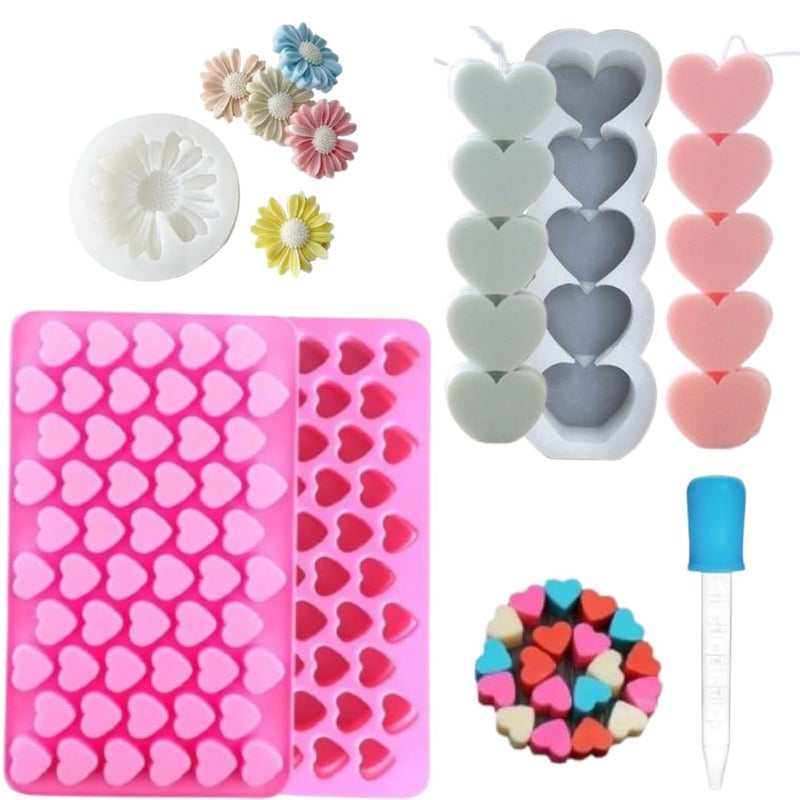 LEGACYCART Heart Candle Daisy and 55 Heart Silicone Mould with Dropper for Valentines Day Baking Cake Cupcake Chocolate Candy Gummy Candle Ice Cubes Homemade Treats NonStick Soap Pack of 2 - Image 1